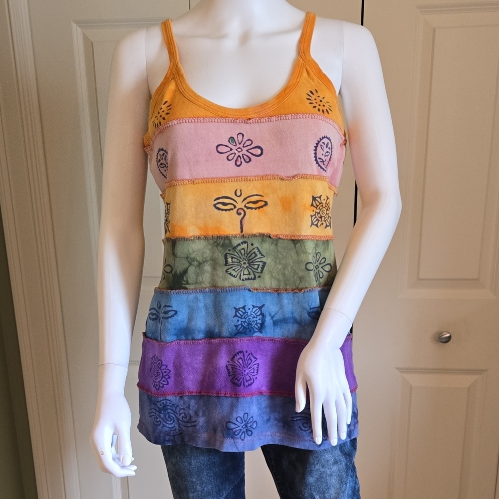 Rising International Rainbow Striped Tank Top with Boho Designs